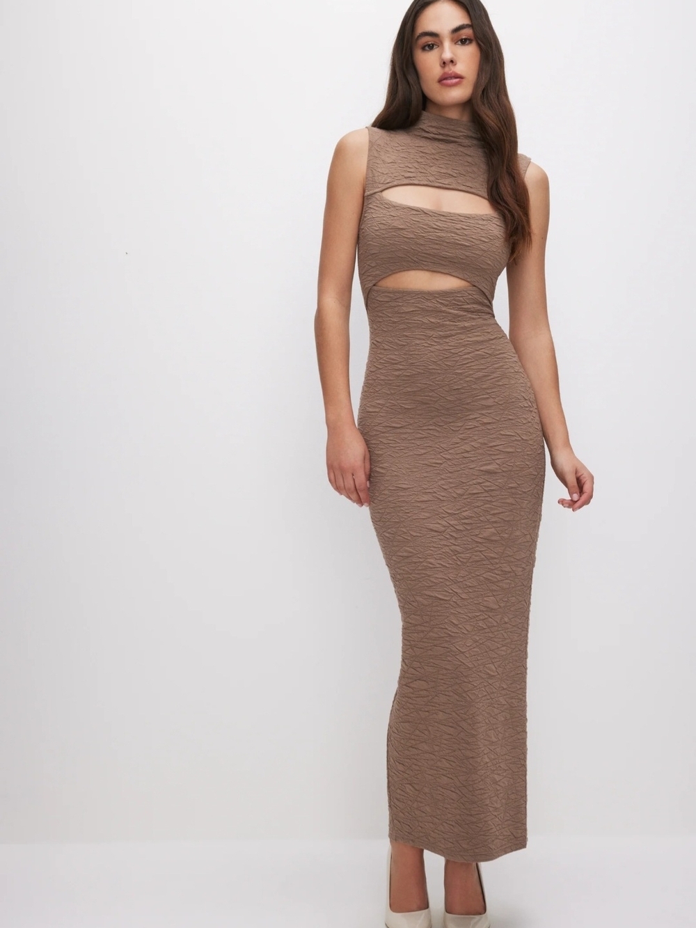 Good American Peek-A-Boo Sleeveless Cutout Maxi Dress In Putty (Size L)